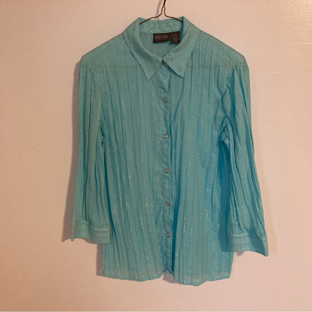 lightweight metallic pinstripe gauze blouse, snap-front, 3/4 sleeve